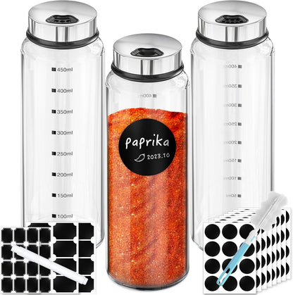 Segarty Spice Jars, 3 oz Spice Bottles with Shaker Lids, Glass Empty Seasoning Containers with Adjustable Pour Holes for Kitchen Spice Storage Stainless Steel Flow Top Salt and Pepper Shakers