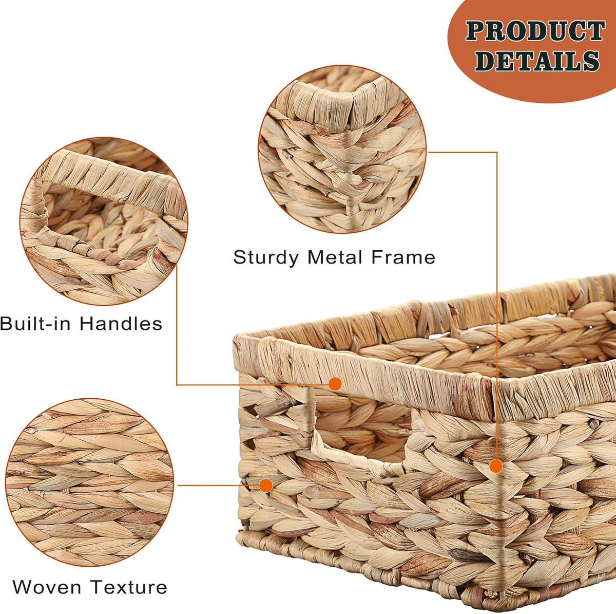 Hipiwe Wicker Basket Water Hyacinth Baskets Rectangular Decorative Baskets Bin for Shelf Organizing, Handwoven Storage Basket Bins with Built-in Handles,15.9"x12"x5.9"