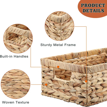 Hipiwe Wicker Basket Water Hyacinth Baskets Rectangular Decorative Baskets Bin for Shelf Organizing, Handwoven Storage Basket Bins with Built-in Handles,15.9"x12"x5.9"