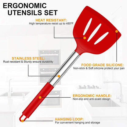 LIANYU 43 Pcs Silicone Kitchen Cooking Utensils with Holder, Heat Resistant Spatula Set with Stainless Steel Handle, Kitchen Cooking Gadgets Tools for Nonstick Cookware Set, Blue