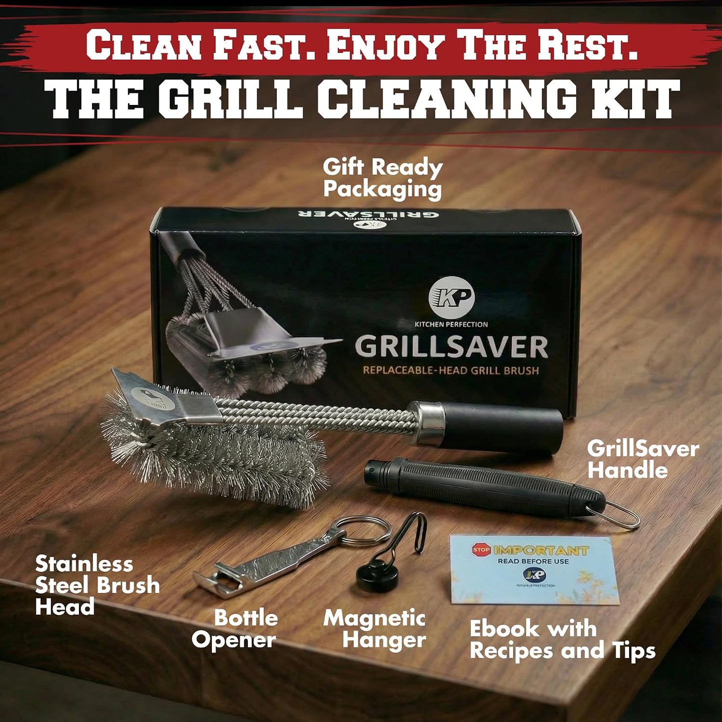 KITCHEN PERFECTION GrillSaver - Safe BBQ Grill Brush for Outdoor Grill with Replaceable Cleaning Head -Heavy-Duty Grill Cleaner with Scraper for All Grates +2 Bonuses -Best Grilling Gifts for Men