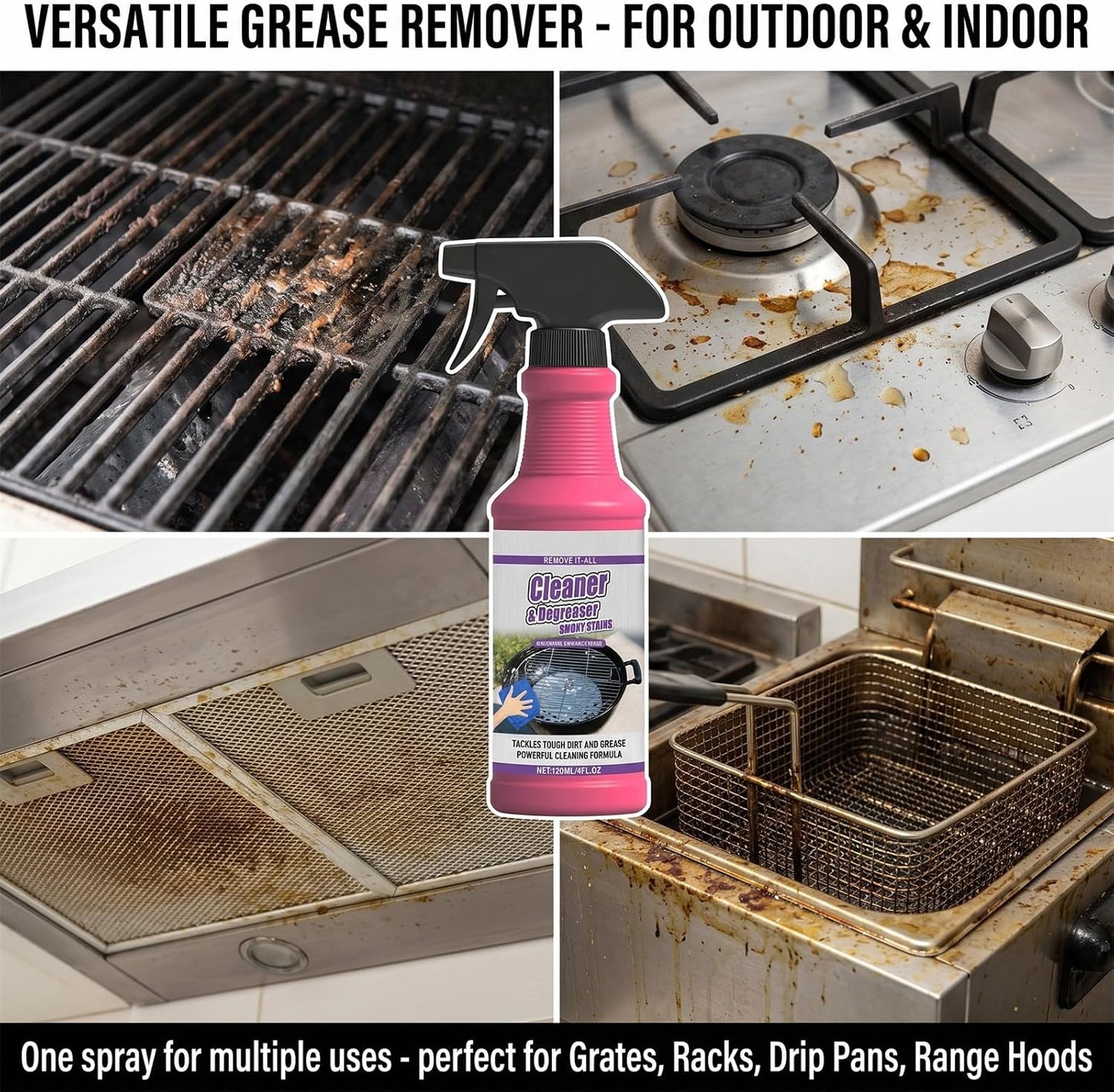Fast-Acting Heavy-Duty Grill Degreaser Spray,Outdoor 120 ML BBQ Grill Cleaner,Multi Functional Grease Remover for Kitchen Grates and Racks,Stove Top,Drip Pans (2)