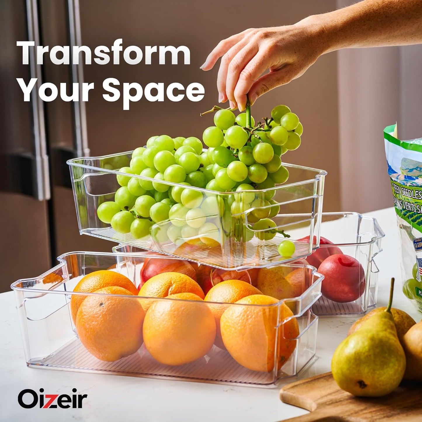 Oizeir Clear Pantry Organizer Bins 8-Pack - Fridge Organizer with 3 Removable Dividers, Ideal for Kitchen, Pantry, Refrigerator, Freezer, and Snack Storage