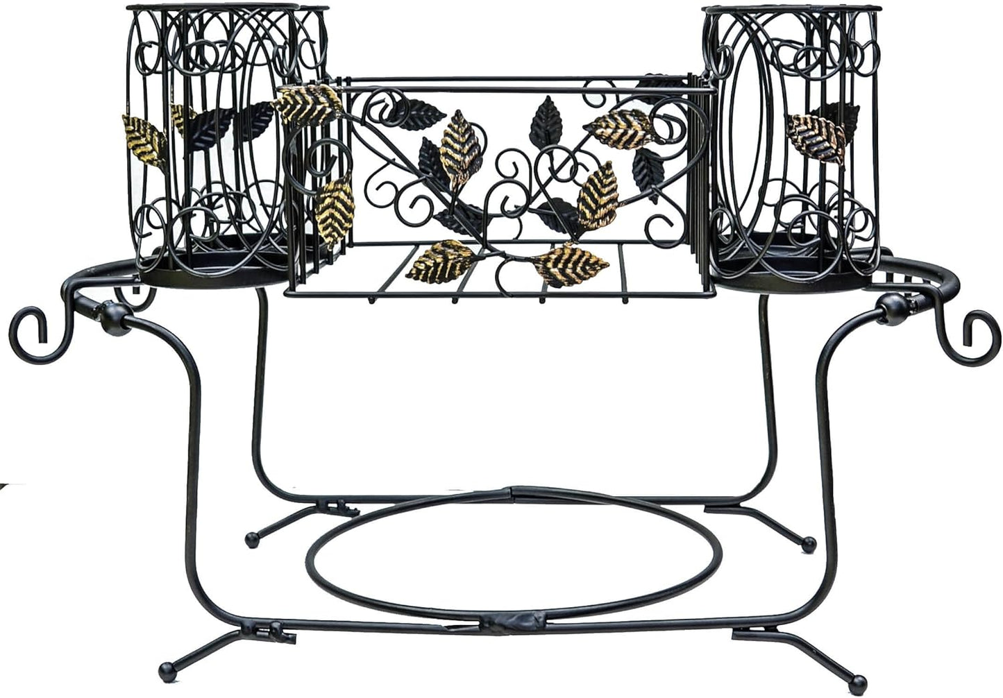 Portable Utensil Caddy for Parties, Elegant Leaf Design Buffet & Silverware Organizer with Napkin Holder, Stainless Steel Plate Storage Caddy for Camping, BBQ & Outdoor Dining