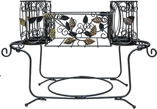 Portable Utensil Caddy for Parties, Elegant Leaf Design Buffet & Silverware Organizer with Napkin Holder, Stainless Steel Plate Storage Caddy for Camping, BBQ & Outdoor Dining