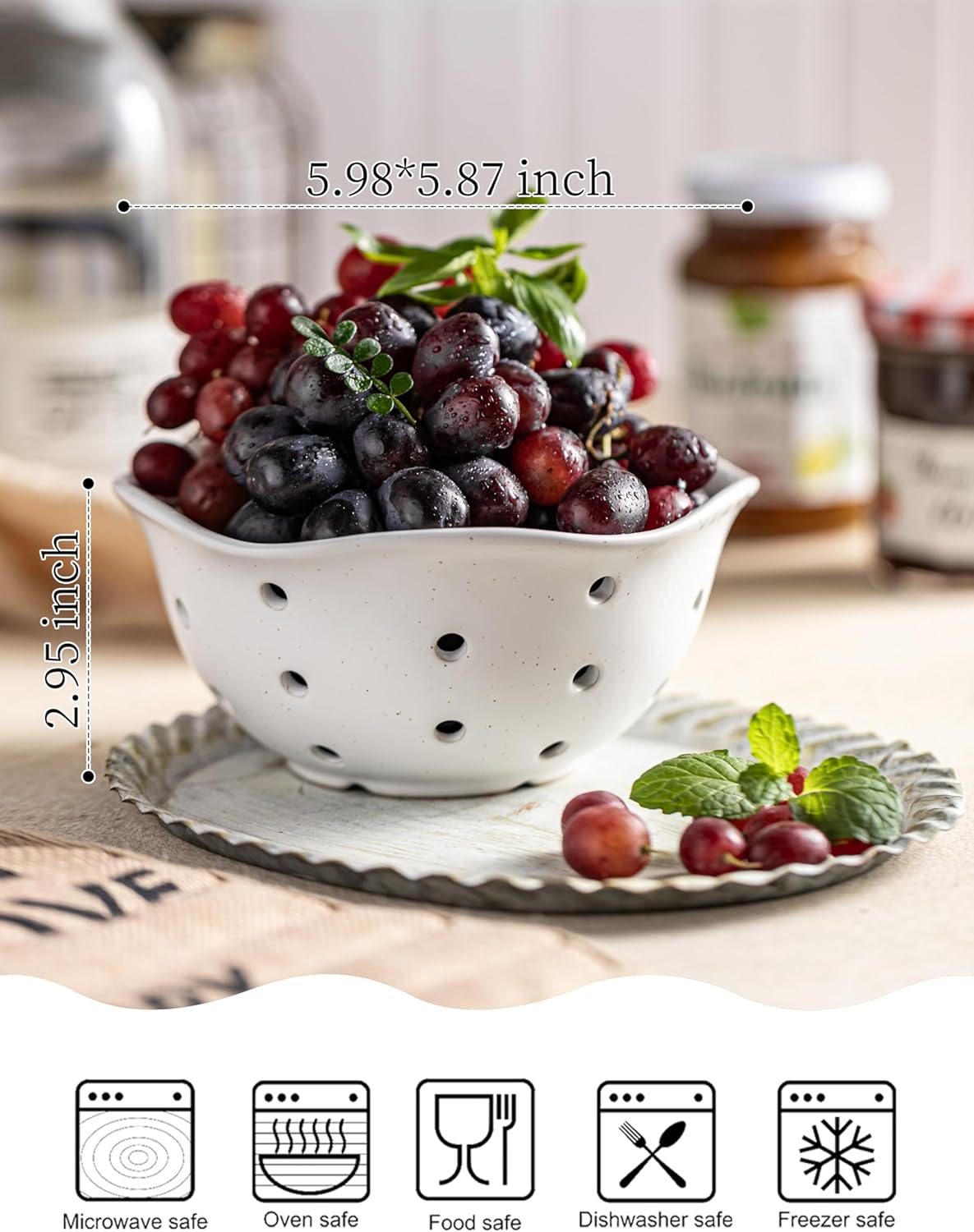 Gomakren Berry Bowls with Holes Ceramic, Berry Washing Bowl Basket Set of 2, 5.8 Inch Round Fruit Bowl Storage Containers, Strawberry Baskets, Farmhouse Kitchen Decor, Yellow + Brown