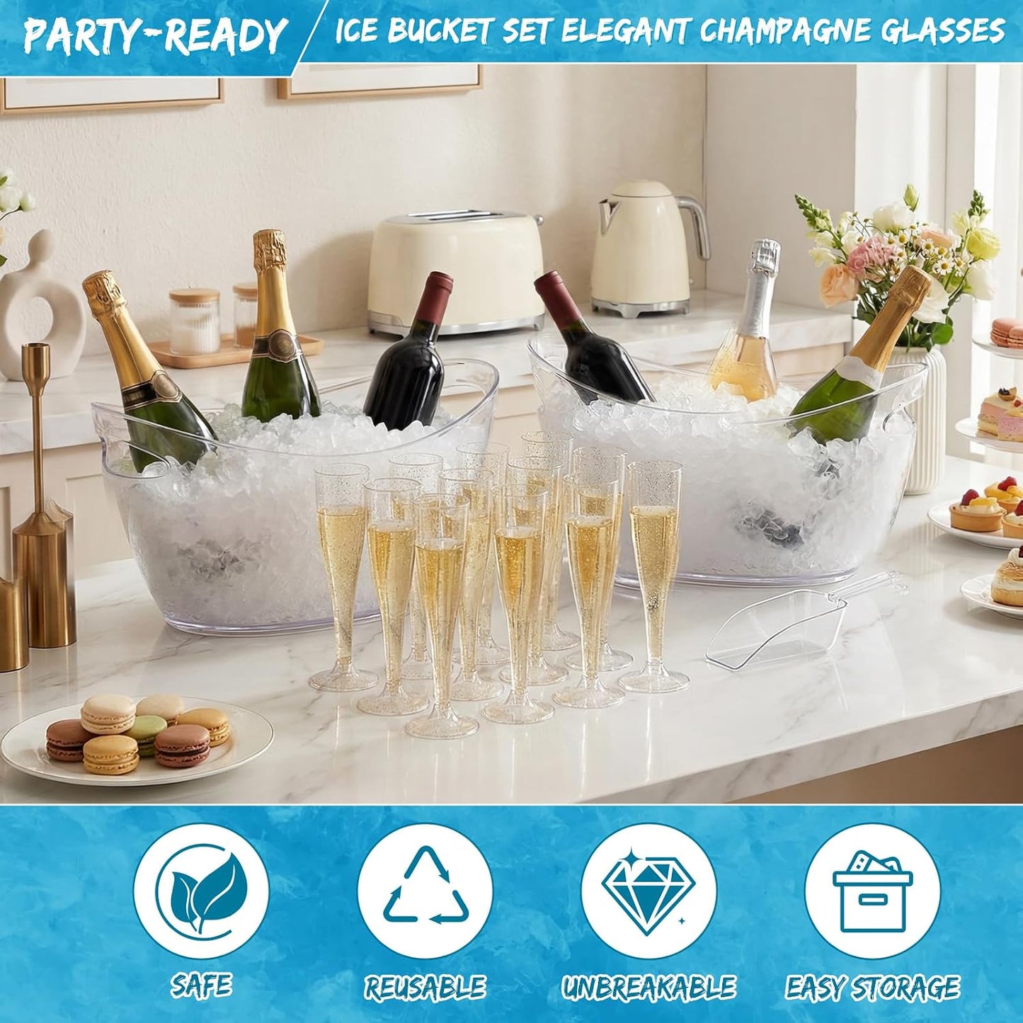 meekoo 104 Pcs Ice Buckets for Parties Set, 2 Pack 5.5l Clear Beverage Tub, 100 Pack 4.5oz Plastic Champagne Flutes, 2 Ice Scoops, Mimosa Bar Drink Supplies for Beer Wine Champagne Juice(Clear)