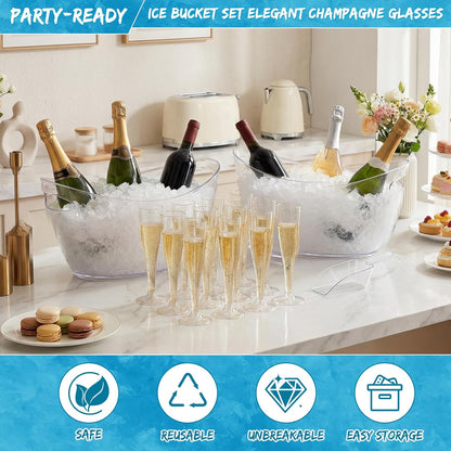 meekoo 104 Pcs Ice Buckets for Parties Set, 2 Pack 5.5l Clear Beverage Tub, 100 Pack 4.5oz Plastic Champagne Flutes, 2 Ice Scoops, Mimosa Bar Drink Supplies for Beer Wine Champagne Juice(Clear)