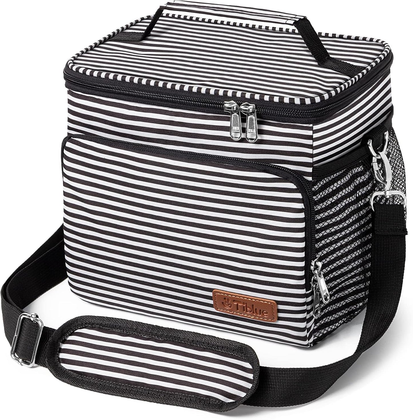 Tiblue Insulated Lunch Bag for Women/Men, Reusable Lunch Box for Office Work School Picnic,Leakproof Freezable Cooler Bag with Adjustable Shoulder Strap for Kid/Adult(Medium, Black & White Stripes)
