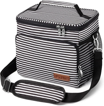 Tiblue Insulated Lunch Bag for Women/Men, Reusable Lunch Box for Office Work School Picnic,Leakproof Freezable Cooler Bag with Adjustable Shoulder Strap for Kid/Adult(Medium, Black & White Stripes)