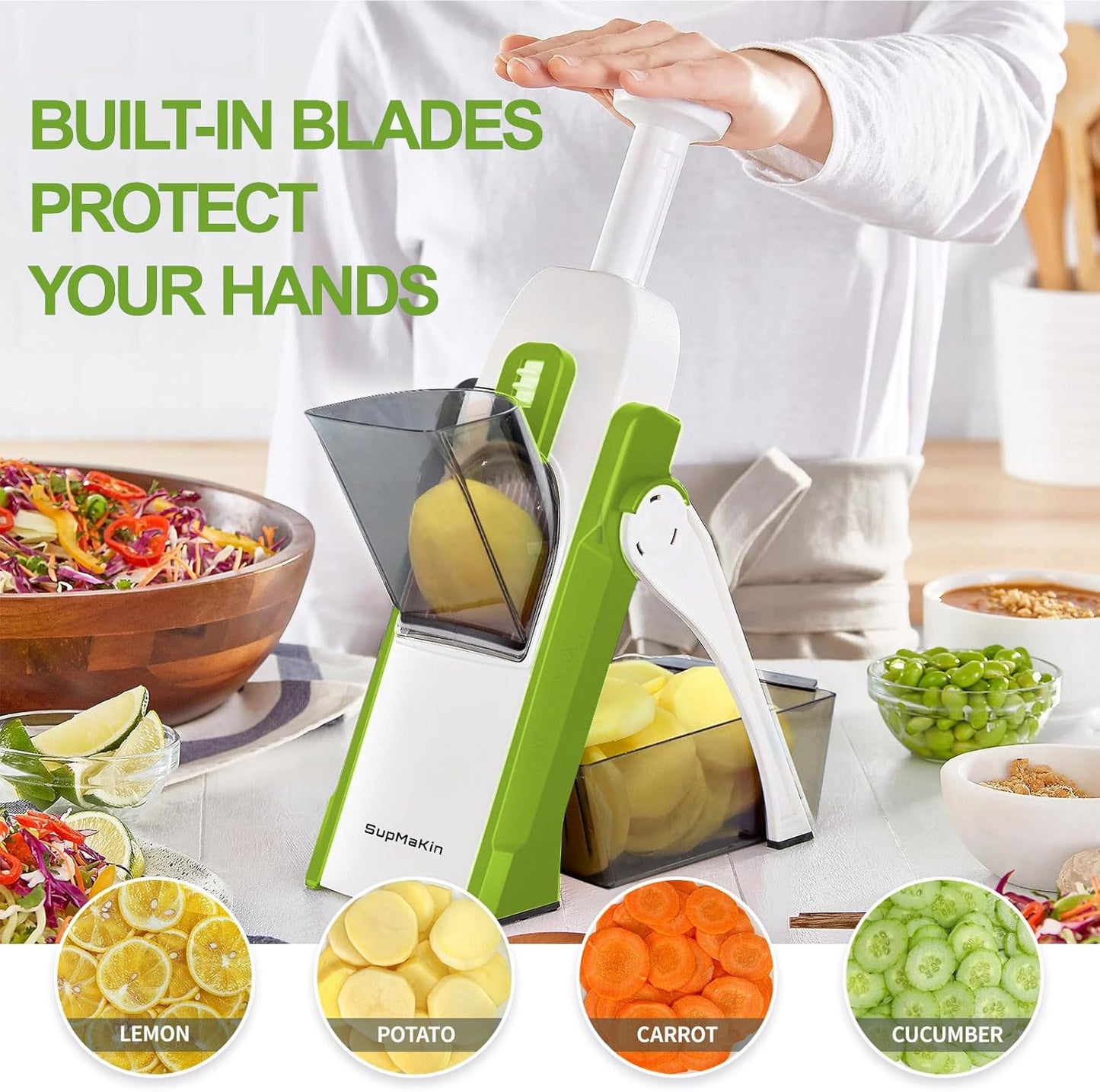 SUPMAKIN Safe Mandoline Slicer, Adjustable Vegetable Food Slicer and Chopper, Potato Fries Fry Cutter, Veggie Salad Chopper, New Kitchen Chopping Artifact Gifts 2026 (SliverGray)