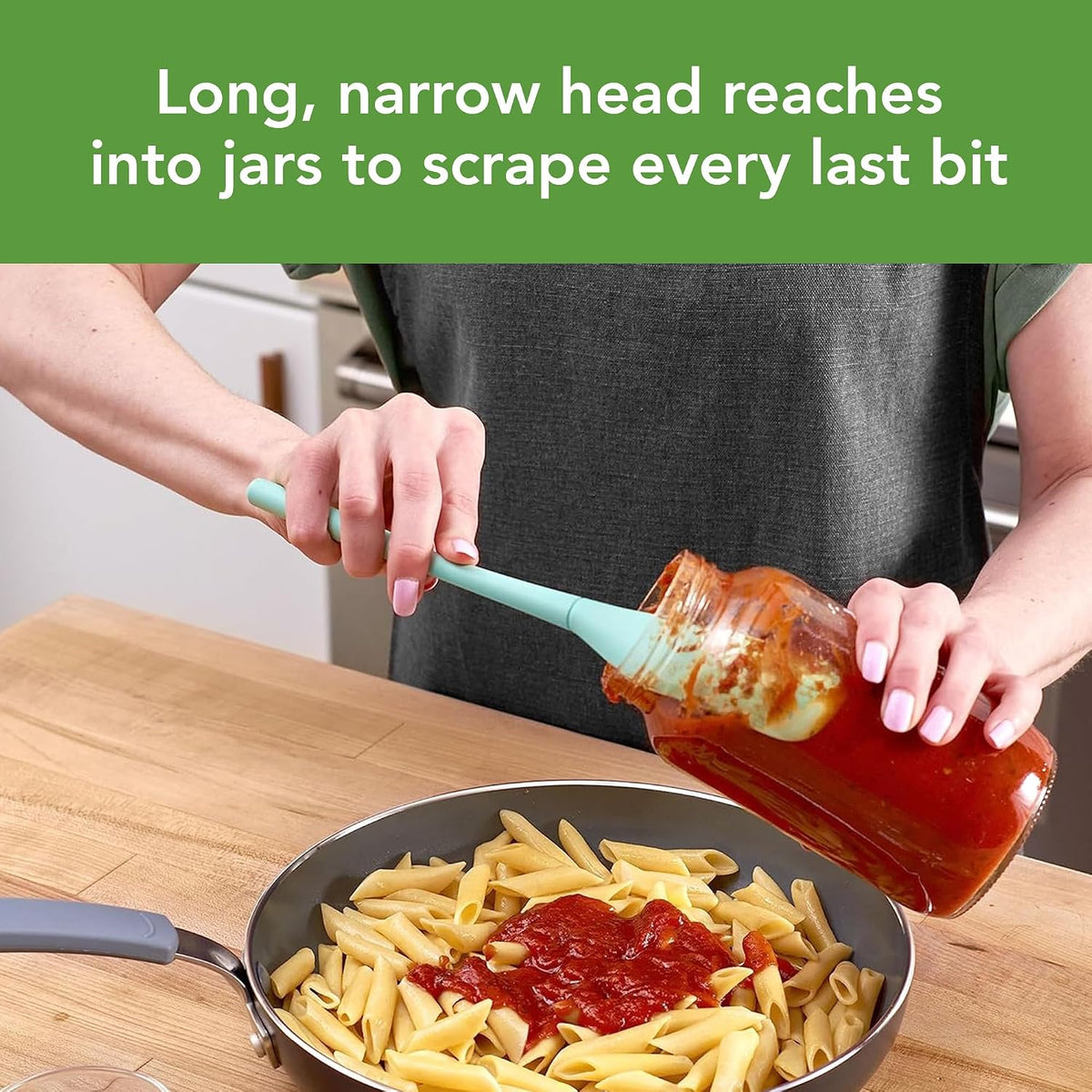 Tovolo Silicone Jar Spatula Long Handled Rubber Scraping Scooping Tool for Peanut Butter Jam Jelly Jars Blenders, Extra Long Flex Core Silicone Jar Scraper Dishwasher Safe BPA Free, Aqua Seafoam Green