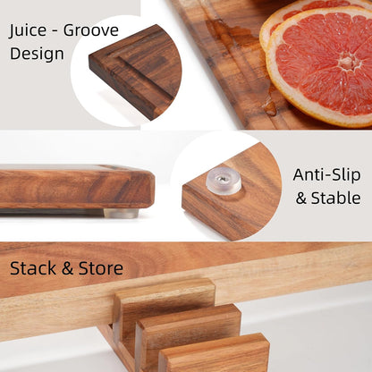 Acacia Wood Cutting Board Set with Stand | 3 Pcs Knife-Friendly Non-Slip Wooden Cutting Boards for Kitchen | 0.7″Thick Butcher Block | Large Solid Chopping Boards with Juice Groove