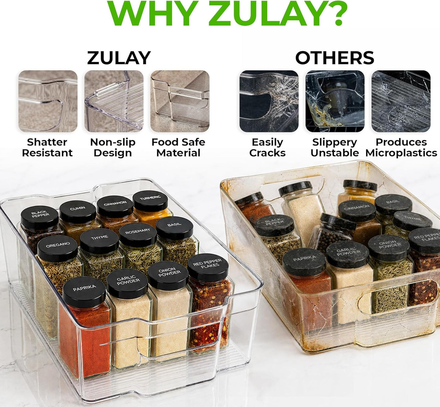 Zulay Kitchen 4 Pack Refrigerator Organizer Bins – Large Clear Fridge Storage Containers with Built-In Handles & Non-Slip Feet - Ideal Fridge Organizers, Kitchen Cabinets, Pantry Organization