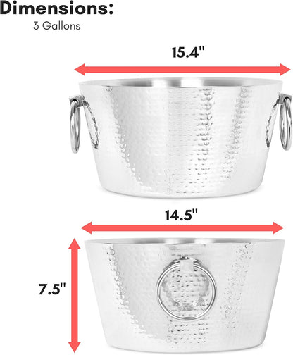 BIRDROCK HOME Hammered Stainless Steel Round Beverage Tub with Handles - Double Wall Insulated 3 Gallons - Metal Drink Cooler & Ice Bucket for Parties - Outdoor Aluminum Holder for Bottles & Soda