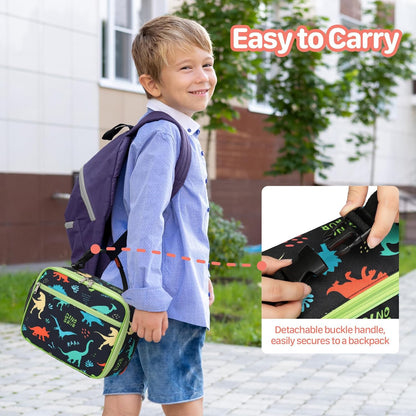 Kids Lunch Bag Boys - Insulated Kids Lunch Box Reusable Lunchbox with Water Bottle Holder Toddler Lunch Tote Bag for School Daycare, Black Dino Fossil
