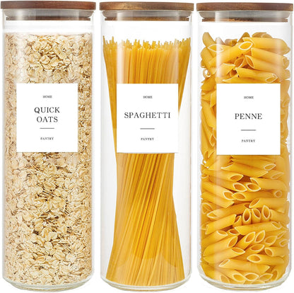 2 Pack Glass Rice Containers with Acacia Wood Lids, 70oz Airtight Flour and Sugar Jars with 105 Labels, Large Glass Pantry Storage Jars for Cereal, Protein Powder, Cookies, Dry Food