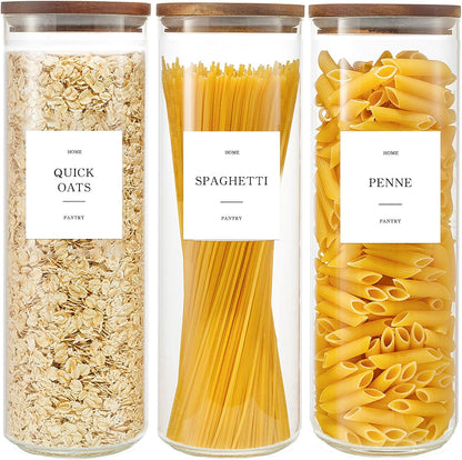 2 Pack Glass Rice Containers with Acacia Wood Lids, 70oz Airtight Flour and Sugar Jars with 105 Labels, Large Glass Pantry Storage Jars for Cereal, Protein Powder, Cookies, Dry Food