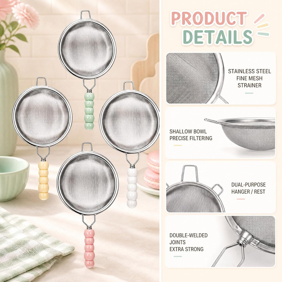 4 Pcs 3.1 in Mini Fine Mesh Strainer Set with Ceramic Handles