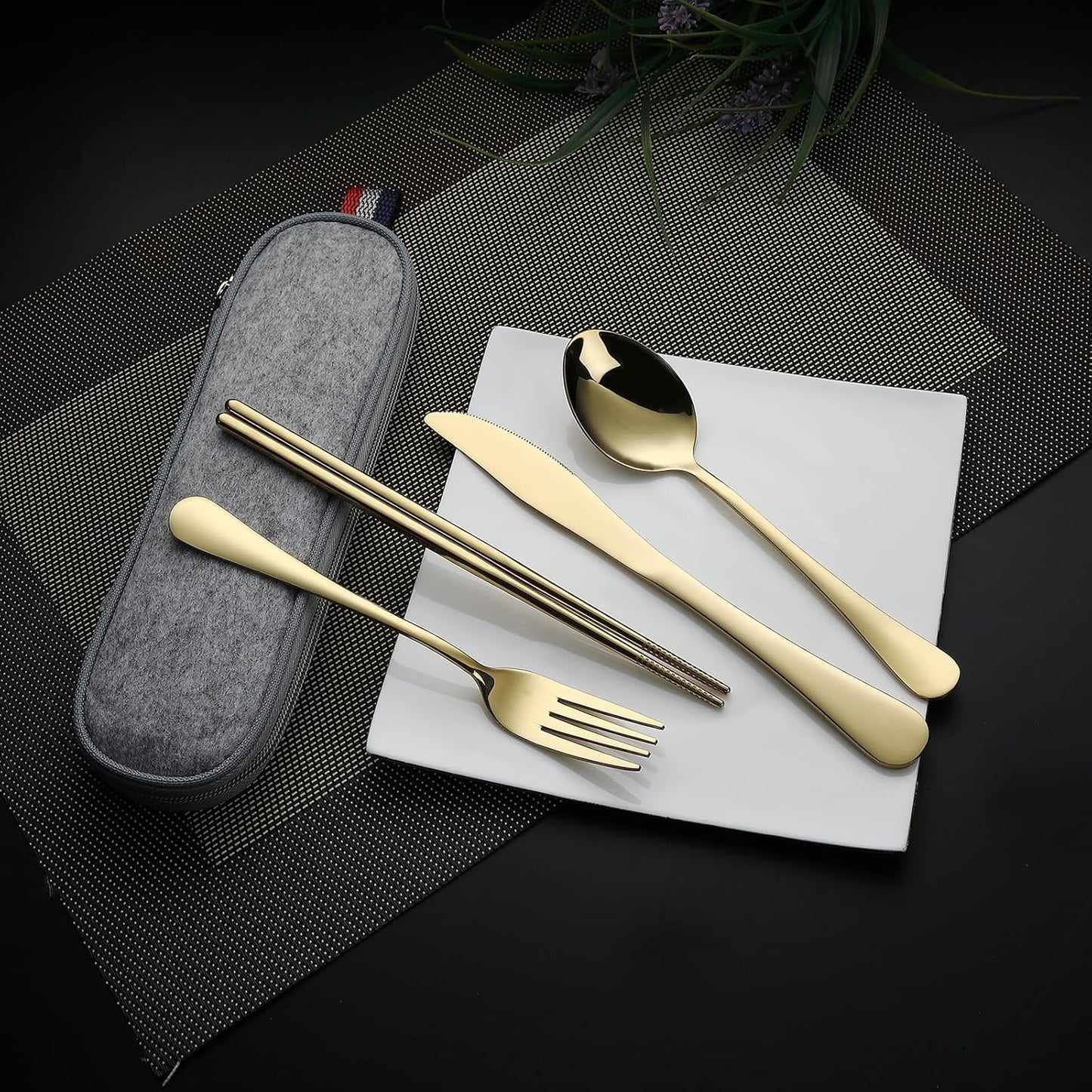 DEVICO Camping Utensils, Full-Size Reusable Silverware for Lunch Adult, Stainless Steel Travel Cutlery Set with Case, Portable Fork Spoon Knife Set for Work, Flatware with Chopsticks (Rainbow)