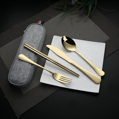 DEVICO Camping Utensils, Full-Size Reusable Silverware for Lunch Adult, Stainless Steel Travel Cutlery Set with Case, Portable Fork Spoon Knife Set for Work, Flatware with Chopsticks (Rainbow)