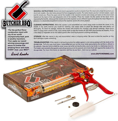 Butcher BBQ Pistol Grip Gourmet Meat Injector Syringe | Metal Handle | 50cc Pistol Grip Injection Syringe | 2 Different Needles for Different Meats | BBQ Smoker Accessories | Tailgating Accessories