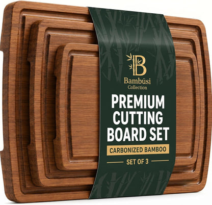 Bamboo Cutting Board Set of 4, Large Cutting Boards for Kitchen, Wood Cutting Board with Juice Groove Side Handles, Wooden Cutting Board for Kitchen, Meat Chopping Board Meal Prep, Serving Charcuterie