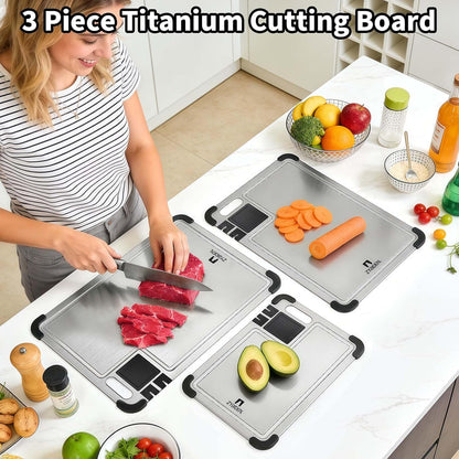 Set of 3 Premium Titanium Cutting Board, Chopping Board with Dual Knife Sharpeners, Juice Grooves, Garlic Grinding Area, Non-Slip Corner Guards, Multi-functional Cutting Board for Kitchen