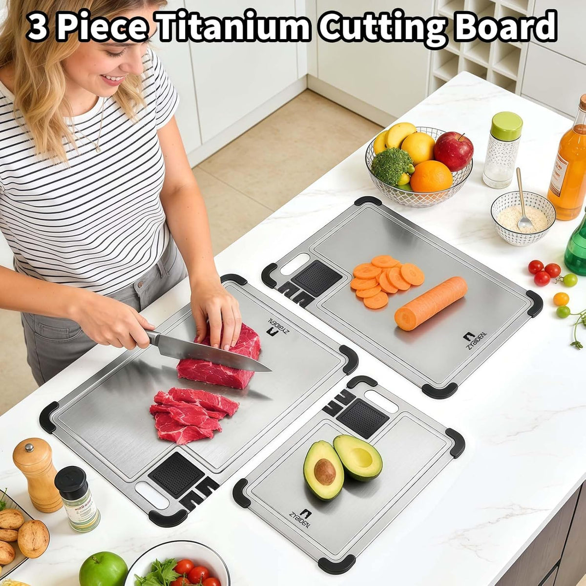 Set of 3 Premium Titanium Cutting Board, Chopping Board with Dual Knife Sharpeners, Juice Grooves, Garlic Grinding Area, Non-Slip Corner Guards, Multi-functional Cutting Board for Kitchen