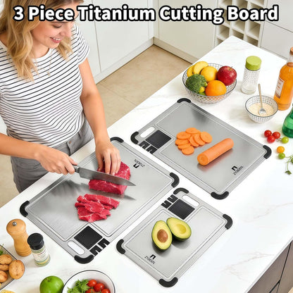 Set of 3 Premium Titanium Cutting Board, Chopping Board with Dual Knife Sharpeners, Juice Grooves, Garlic Grinding Area, Non-Slip Corner Guards, Multi-functional Cutting Board for Kitchen