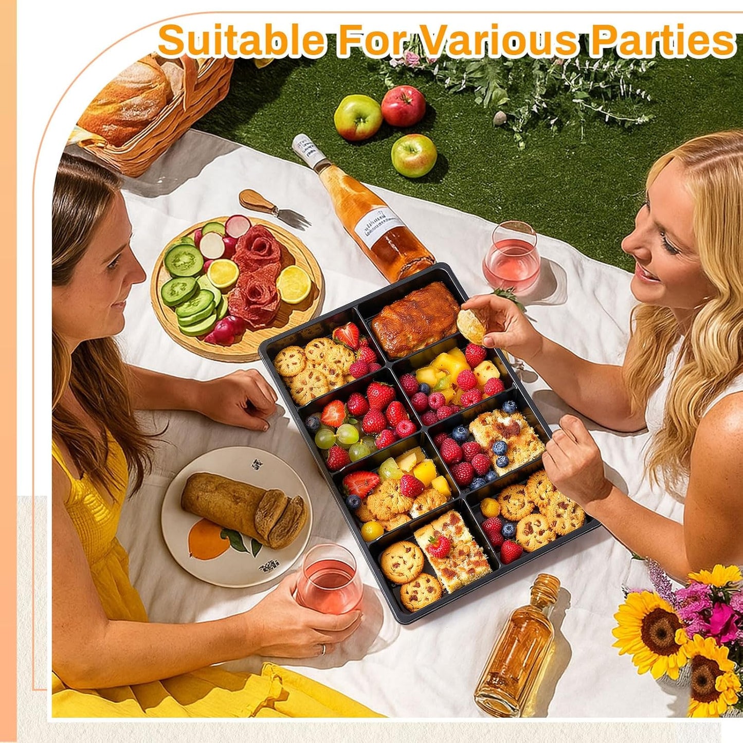 Shellwei 5 Pack 8 Compartments Divided Charcuterie Board with Lid Large 15 x 10 Inch Disposable Catering Serving Trays with Lid Reusable Plastic Serving Platter