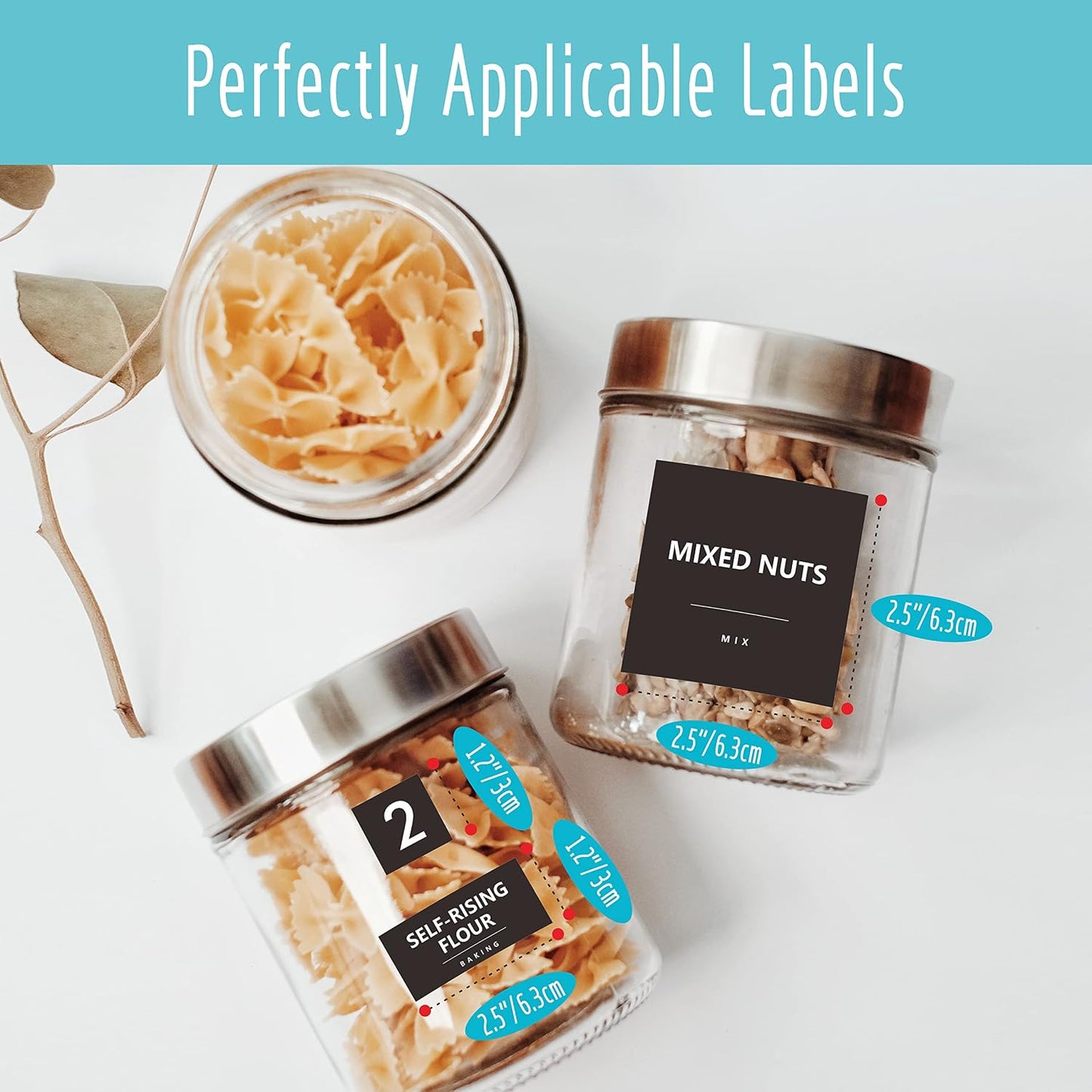 Hebayy 308 Pantry Food Labels, 280 Preprinted Flour Pasta Lentil Grain Condiment Oil Stickers, 28 Blank Ones, Waterproof Oil&Tear Resistant, No Residue for Kitchen Containers Jars(White on Black)