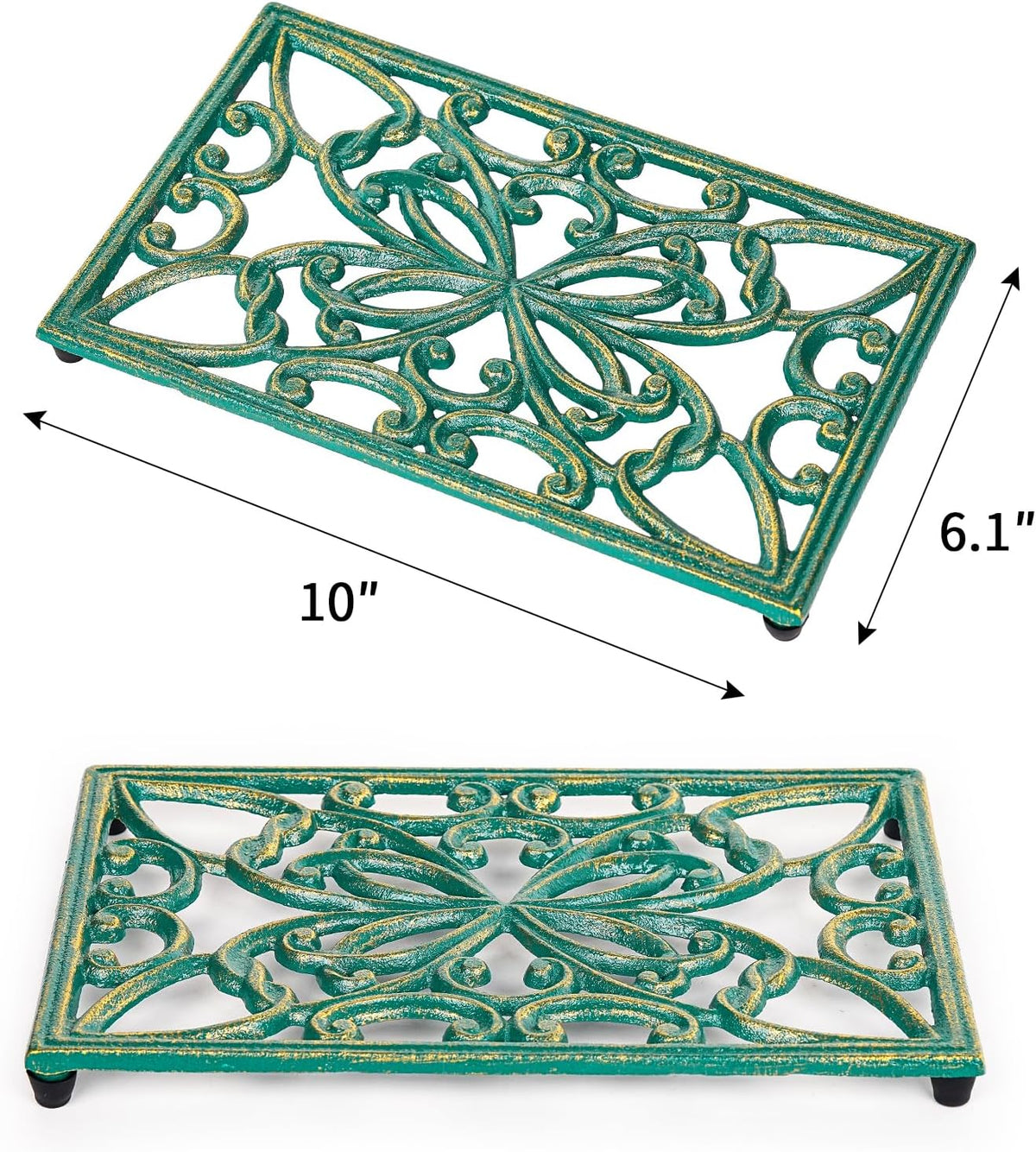 Sungmor 2 Pack Gold Cast Iron Trivets, Rectangle Ornate Scrollwork Trivets