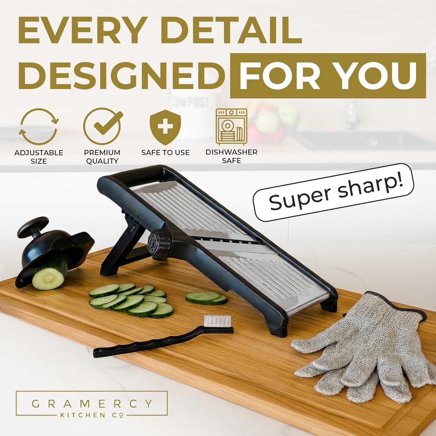 Gramercy Adjustable Mandoline Food Slicer, Mandoline Slicer for Kitchen, Mandolin, Potato, Tomato, Carrot, Vegetable, Fruit and Onion Cutter - Stainless Steel - INCLUDING 1 Pair Cut-Resistant Gloves