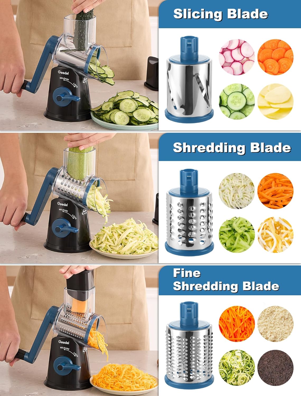 Geedel Rotary Cheese Grater, Kitchen Mandoline Vegetable Slicer with 3 Interchangeable Blades, Easy to Clean Rotary Grater Slicer for Cheese, Vegetables, Nuts