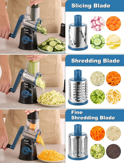 Geedel Rotary Cheese Grater, Kitchen Mandoline Vegetable Slicer with 3 Interchangeable Blades, Easy to Clean Rotary Grater Slicer for Cheese, Vegetables, Nuts