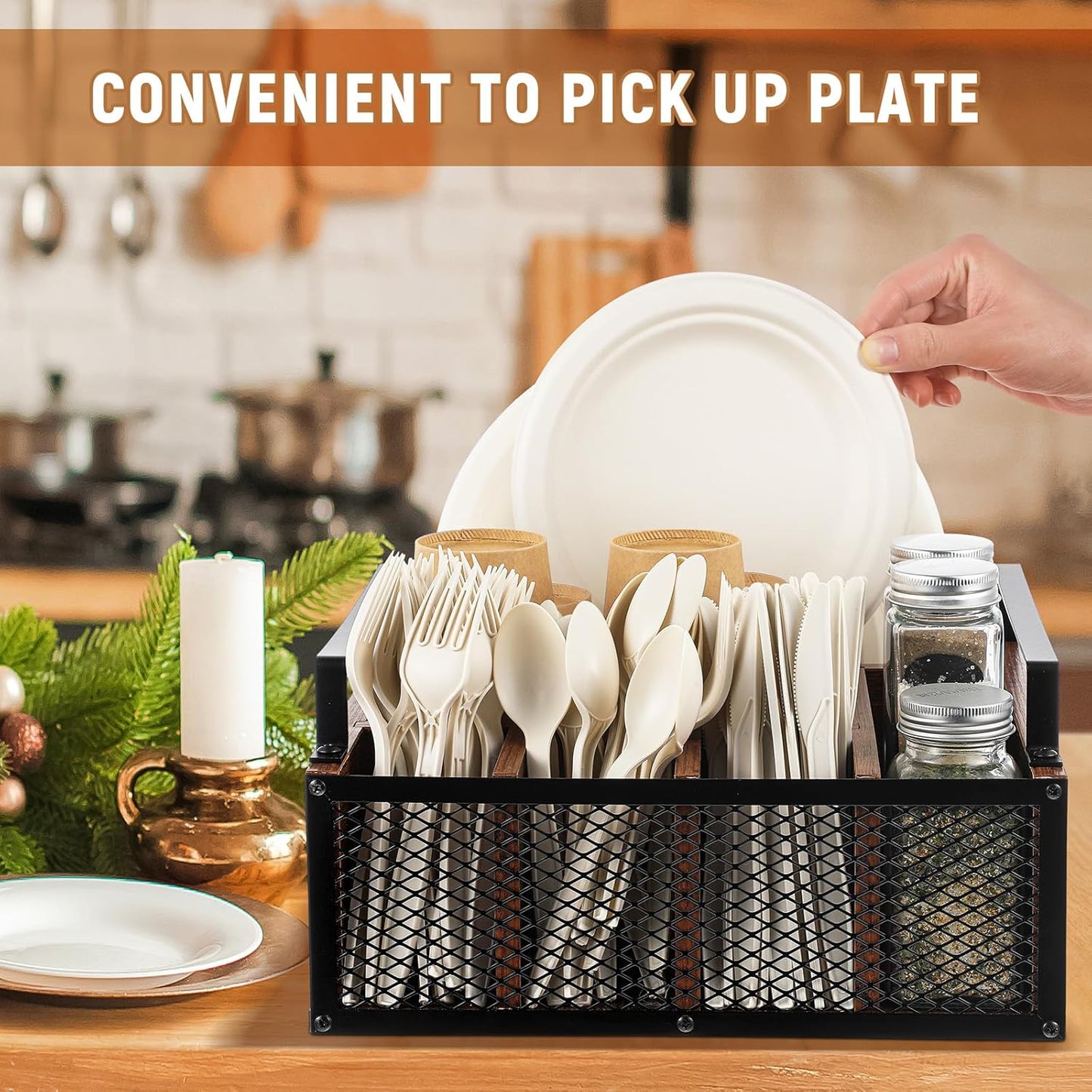 Mimorou Farmhouse Wooden Napkin Paper Plate and Utensil Holder Caddy Kitchen Utensil Holder Farmhouse Rustic Cutlery Flatware Organizer for Party Caddy Spoon Forks Napkins(Distressed White)
