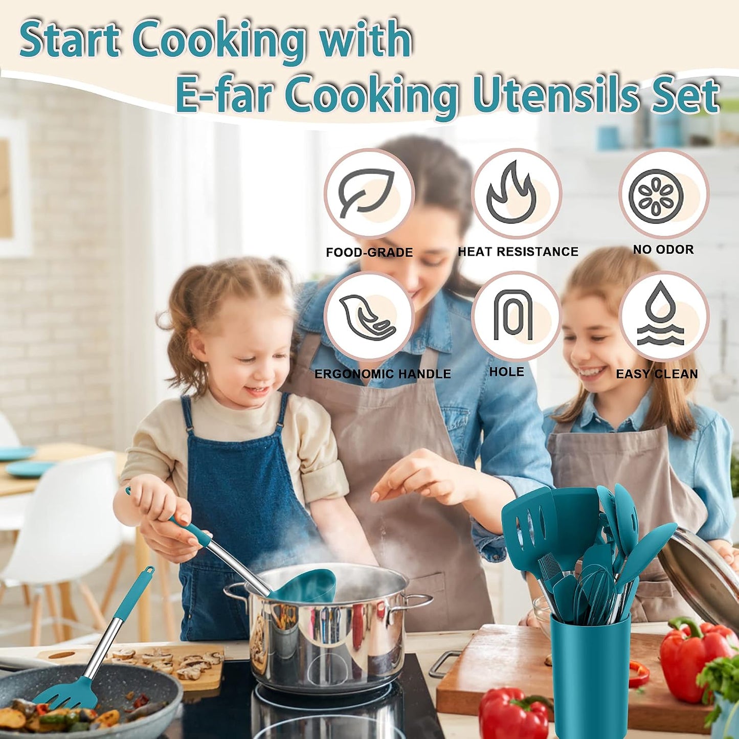 E-far Silicone Cooking Utensils Set, 7 Pcs Heat Resistant Kitchen Utensils with Stainless Steel Handle, Slotted Turner, Spoon, Soup Ladle, Pasta Server, Skimmer, Tongs for Nonstick Cookware, Black