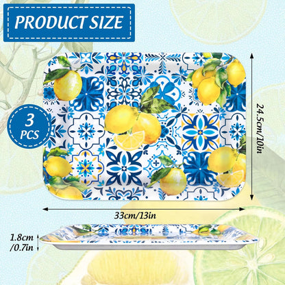 FYSUIMU 3Pcs Lemon Serving Trays Blue Tiles Lemon Print Platter Summer Citrus Fruit Serving Dishes for Spring Birthday Party Sharing Snacks Fruit Desserts