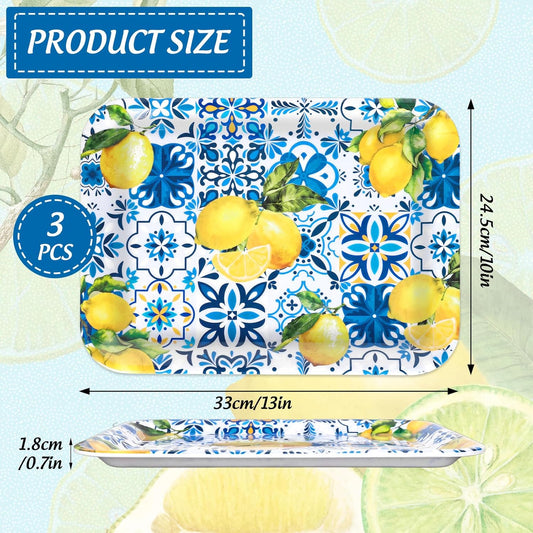 FYSUIMU 3Pcs Lemon Serving Trays Blue Tiles Lemon Print Platter Summer Citrus Fruit Serving Dishes for Spring Birthday Party Sharing Snacks Fruit Desserts