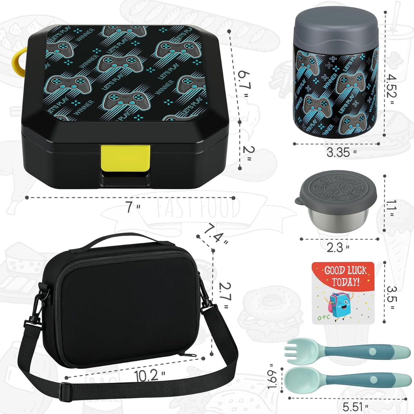 Itslife Bento Lunch Box Set for Kids with 12oz Soup Thermo&Lunch Bag, Leak-Proof Lunch Food Containers for Kids School, 5 Compartment, Sauce Cup, 10 Notes (Dinosaurs Black)