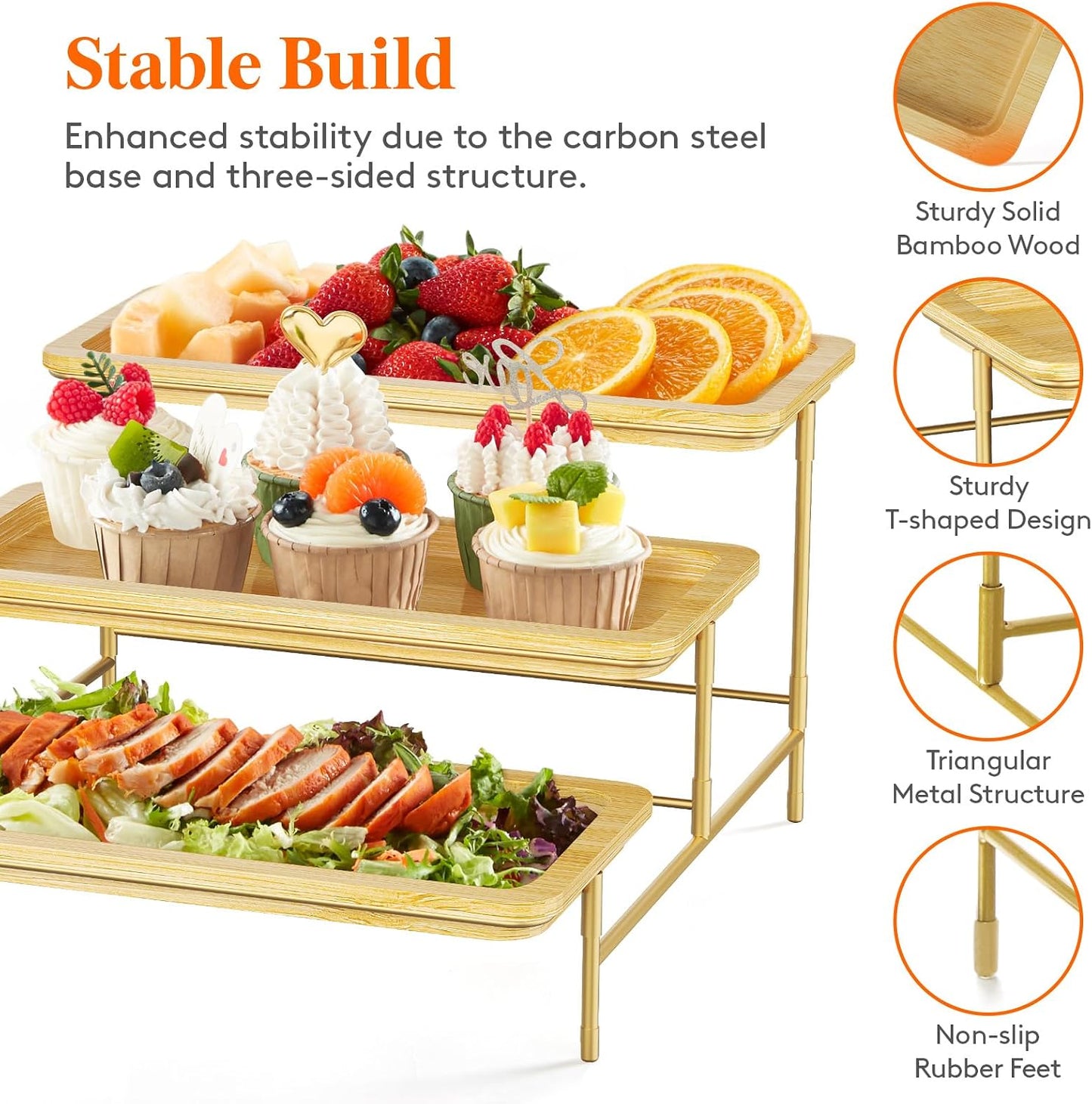 Lifewit 3 Tier Bamboo Serving Tray for Party Supplies, 30 x 17 cm/12" x 6.5" Platters for Serving Food, Reusable Trays with Gold Metal Display Stand for Veggie, Fruit, Cookies, Dessert