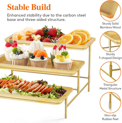 Lifewit 3 Tier Bamboo Serving Tray for Party Supplies, 30 x 17 cm/12" x 6.5" Platters for Serving Food, Reusable Trays with Gold Metal Display Stand for Veggie, Fruit, Cookies, Dessert