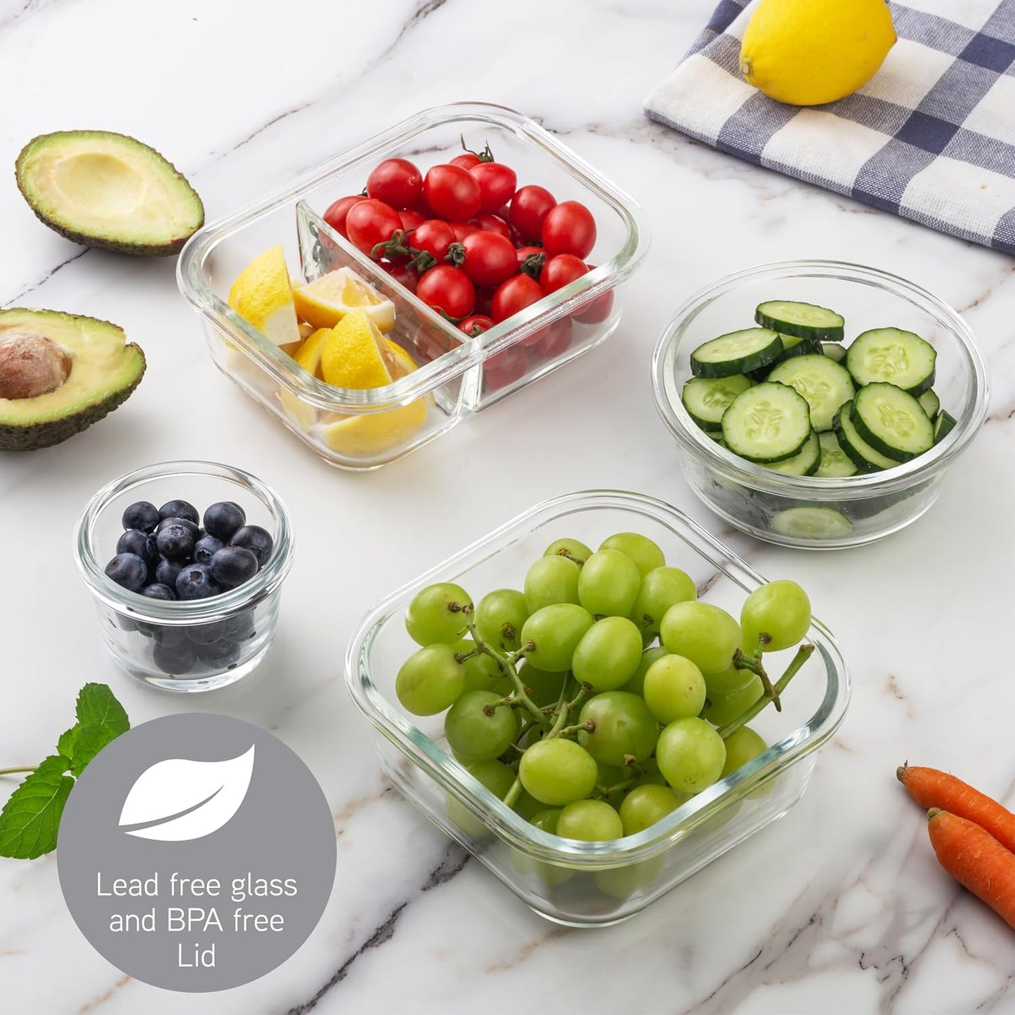 COOK WITH COLOR Premium 32-Pc. Borosilicate Glass Food Container Set with Dividers - 4 Rectangles, 8 Rounds, 4 Squares - Leakproof Lids - Meal Prep, Storage, Grey