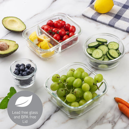 COOK WITH COLOR Premium 32-Pc. Borosilicate Glass Food Container Set with Dividers - 4 Rectangles, 8 Rounds, 4 Squares - Leakproof Lids - Meal Prep, Storage, Grey