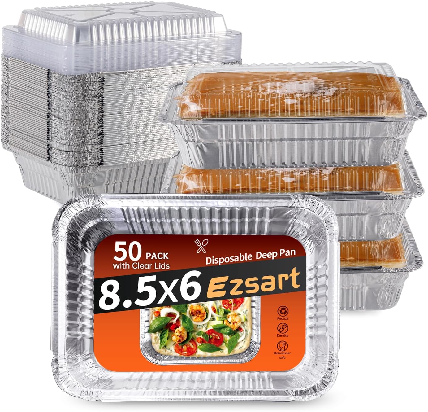 Aluminum Pans with Clear Lids - 50 Pack 2.25LB Capacity Disposable Pans with Plastic Dome Lids, 8.5”x6” Heavy Duty Tin Foil Pans for Cake Baking, Cooking, Heating, Storing, Prepping Food