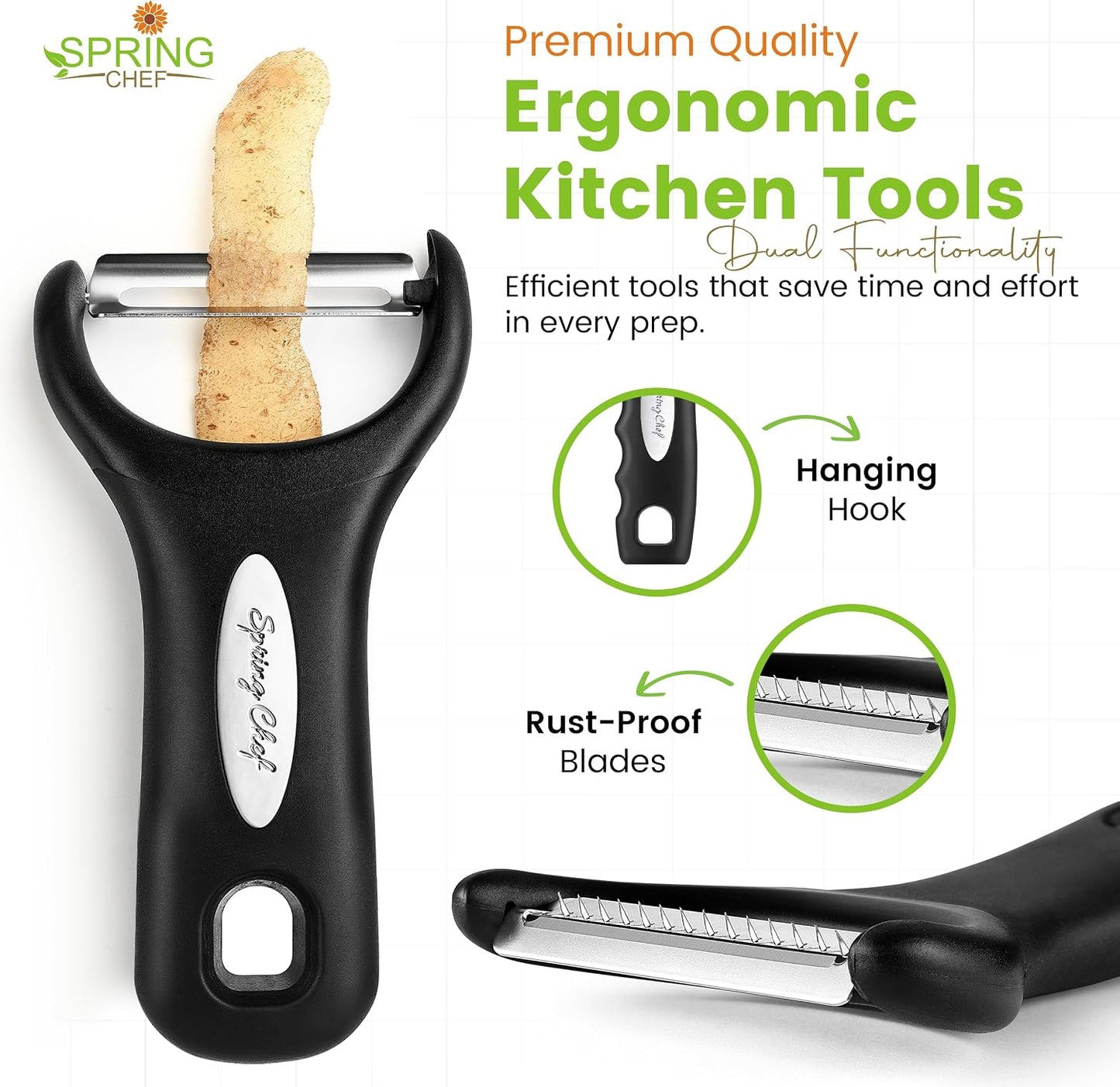 Spring Chef Vegetable Peelers for Kitchen - Stainless Steel Swivel, Y & Julienne Peelers, Potato Peelers with Soft Grip Handles, Kitchen Utensils Set of 3 for Fruits, Veggies, Apples, Carrots