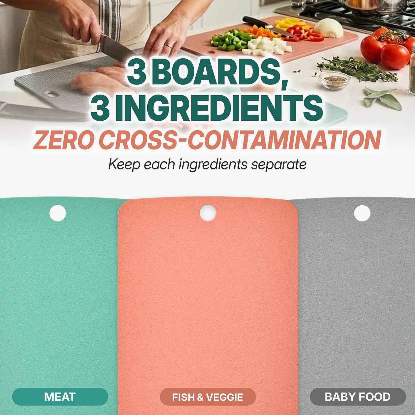 TPU Small Cutting Board Set of 3 9"x12" - Flexible Cutting Mats for Kitchen Knife Friendly, Cutting Mat Non-Slip Chopping Board Double Sided Scratch Resistant Food Grade Coral Mint Gray