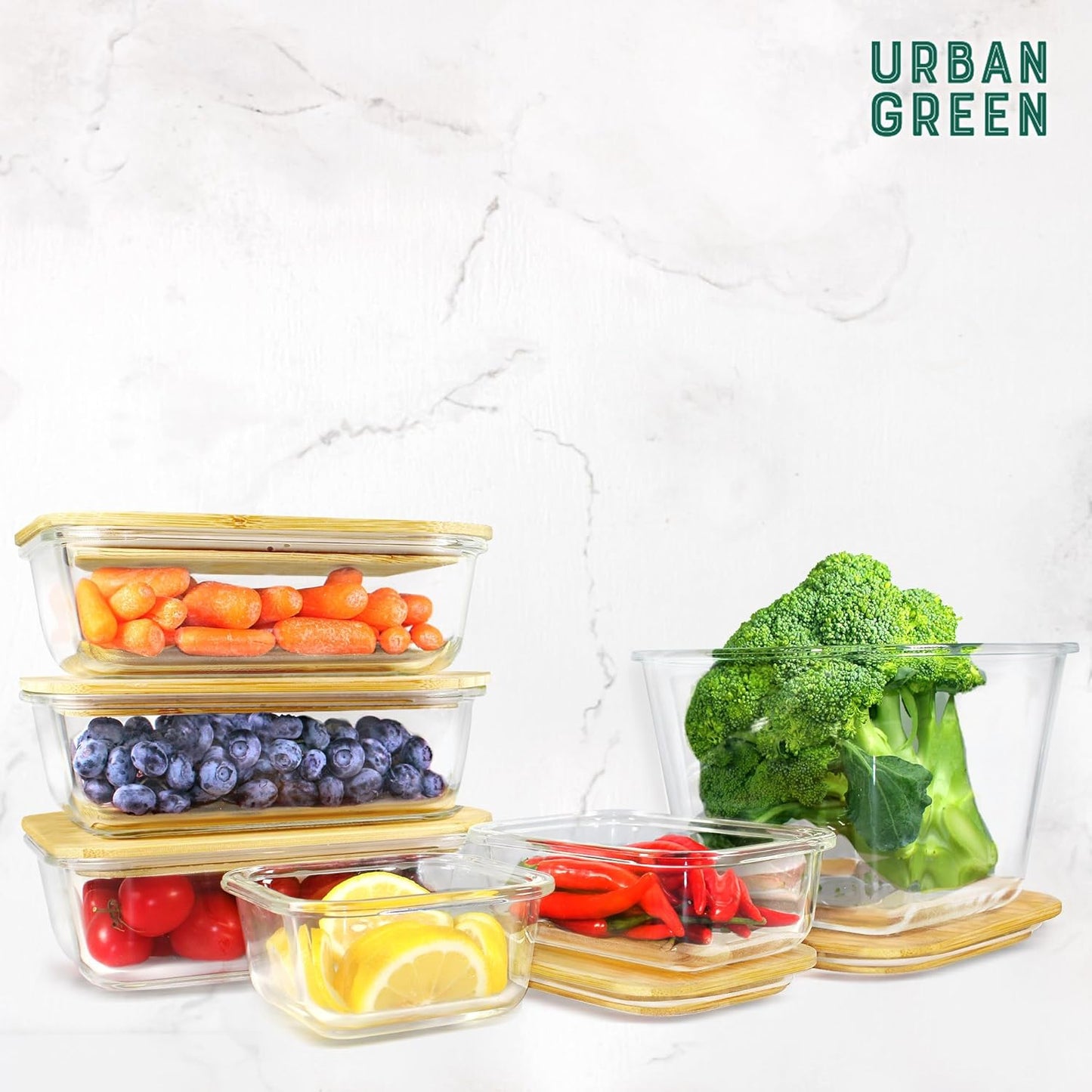 Urban Green Glass Food Container with Bamboo Lid, Airtight food storage Containers set, Glass Meal Prep Containers Set of 5, Dishwasher & Oven Safe