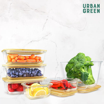 Urban Green Glass Food Container with Bamboo Lid, Airtight food storage Containers set, Glass Meal Prep Containers Set of 5, Dishwasher & Oven Safe